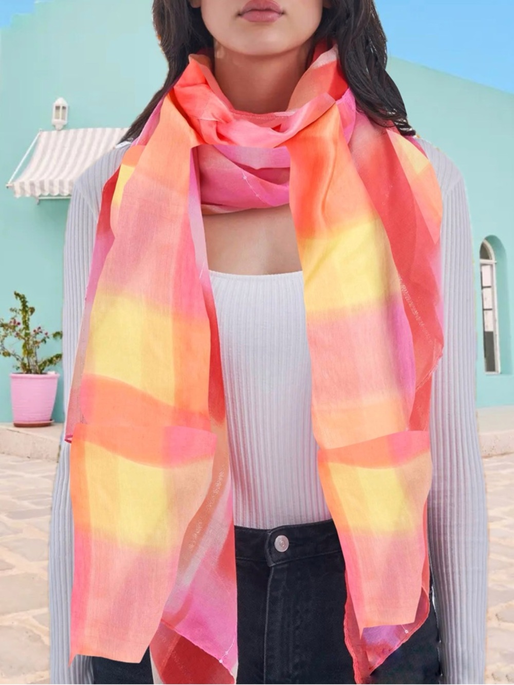 Spring Peach Multicolor Checkered 100% Silk Extra Long Scarf NWT